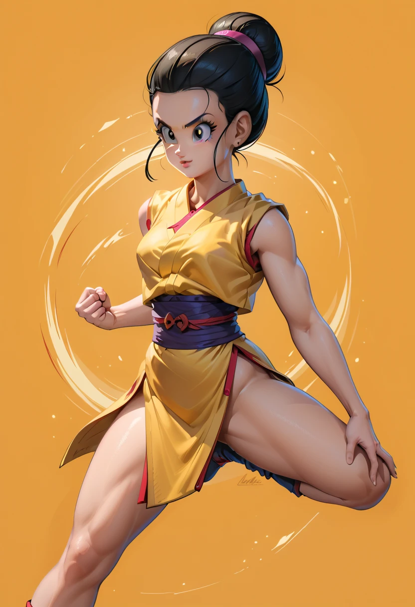 score_9, score_8_up, score_7_up, ch1ch1, (Dragon Ball), black hair, updo, bangs, tiny yellow sleeveless kimono, very small kimono, sexy, raised leg, kick, thigh, belly button, High resolution, masterpiece, Accurate,