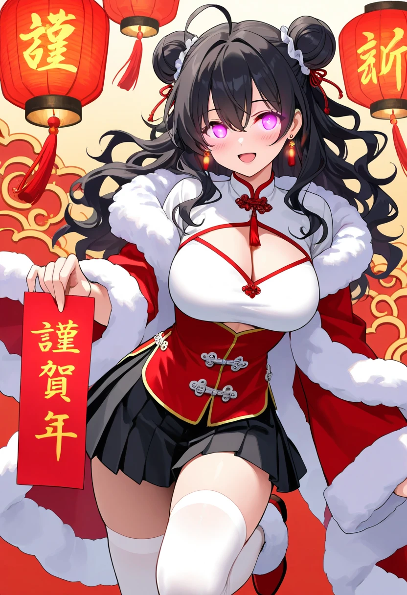 1girl, solo, long hair, breasts, looking at viewer, blush, smile, open mouth, skirt, large breasts, black hair, thighhighs, long sleeves, holding, cleavage, hair between eyes, jewelry, standing, purple eyes, ahoge, :d, pleated skirt, earrings, shoes, miniskirt, black skirt, hair bun, white thighhighs, fur trim, clothing cutout, double bun, glowing, wavy hair, chinese clothes, cleavage cutout, standing on one leg, red footwear, glowing eyes, new year, lantern, chinese text, paper lantern, chinese new year