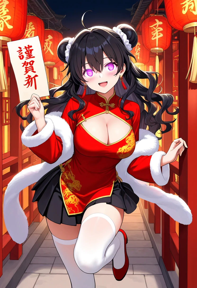 1girl, solo, long hair, breasts, looking at viewer, blush, smile, open mouth, skirt, large breasts, black hair, thighhighs, long sleeves, holding, cleavage, hair between eyes, jewelry, standing, purple eyes, ahoge, :d, pleated skirt, earrings, shoes, miniskirt, black skirt, hair bun, white thighhighs, fur trim, clothing cutout, double bun, glowing, wavy hair, chinese clothes, cleavage cutout, standing on one leg, red footwear, glowing eyes, new year, lantern, chinese text, paper lantern, chinese new year