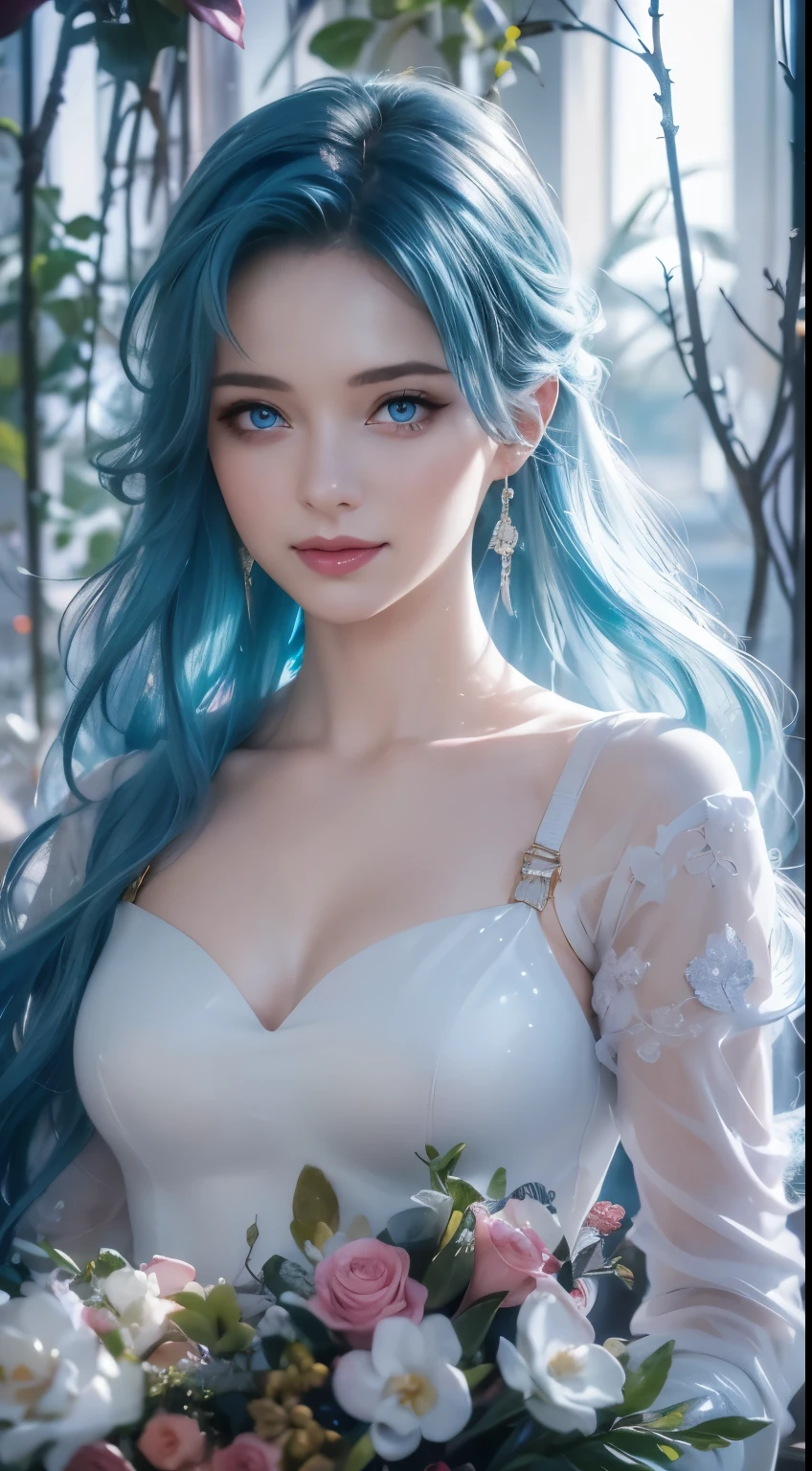 Realistic, full body portrait of a young girl, perfect body, perfect professional pose, 20 years old. Musical blue hair, beautiful realistic light blue eyes; beautiful white teeth, happy smile, attractive, make up the world's most beautiful perfect face overall, hand painted meticulously detailed highest image quality 3d 8k, perfect white skin, beautiful look, multicolor liquid acrylic, wet marble body, Michael Garmash, Daniel F Gerhartz, cinematic lighting, waterfall scene, volumetric lighting, clean and smooth art, smooth pulp adventure , ornate patterns, elegant organic frames, surrealism, masterpiece collections, realistic colors, wet gouache. Highest image quality, most detailed 8k.