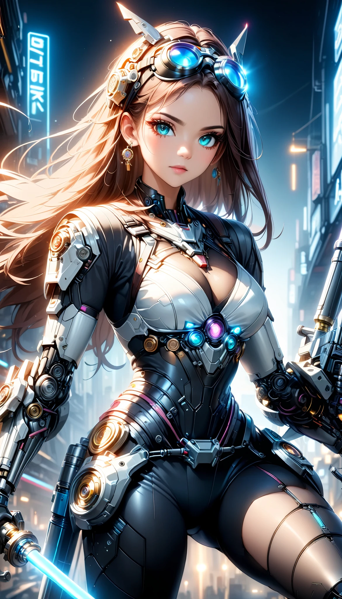  detailed and very realistic robot woman , 1girl, ((Holding a saber in one hand,  action pose,  dynamic battle scene )),  beautiful finely drawn eyes ,  beautiful finely drawn lips ,  very detailed face ,  long eyelashes, (( headgear , goggles,  manipulator )), Metallic skin, Futuristic,  dark atmosphere,  glowing neon cyberpunk implants,  intricate mechanical details ,  Complex Machines , Complex Circuits,  dynamic poses in a crowded store, Dramatic lighting,  retro future of advanced vehicles,  brightly colored ,  dutch angle, (( Anime Style,  neon pop style :1.2, Detailed CG illustration)),  super detailed ,  studio lighting ,  intricate details , ( top quality , 4K, 8k, High Resolution, masterpiece:1.2).