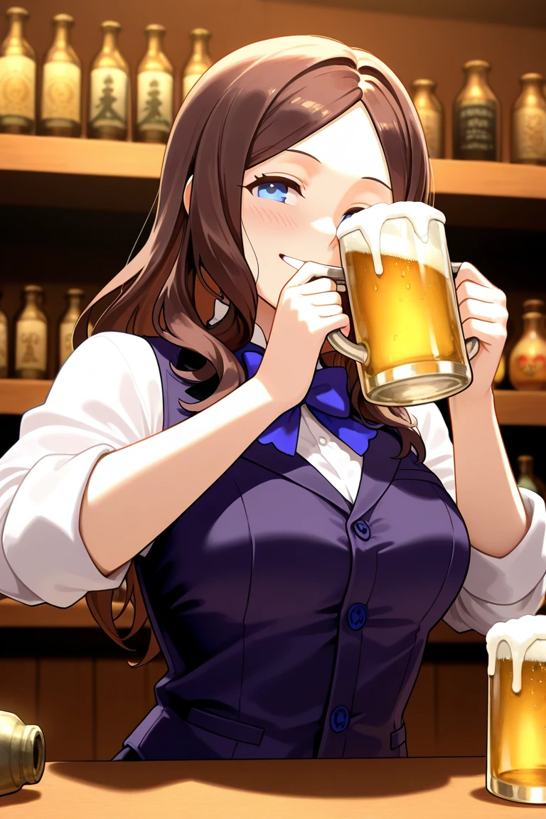masterpiece, best quality, highly detailed, 1girl, (late night bar, drunk,sitting at bar,1.5), (holding a beer mug:1.3), smiling, <lora:Tsukihime_Noel_Aizome_v2:0.7>, noel_nun, (white ribbed turtleneck:1.5), pencil skirt, black skirt, cross necklace, hair between eyes, thigh, bare legs, brown hair, swept bangs, hair between eyes, hair scrunchie, purple scrunchie, hair over shoulder, thighs, resting head in hand,