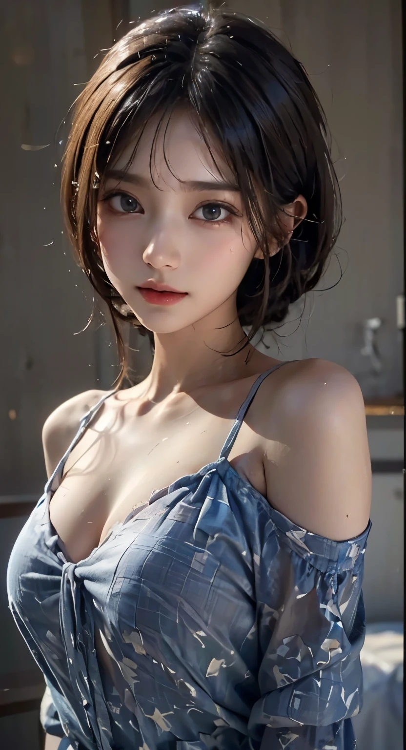 (UHD, retina, masterpiece, accurate, anatomically_correct, textured_skin, super_detail, high_details, high_quality, best_quality, high_res, 1080P, HD, 4K, 8k, 16k), full body shot, (beautiful_detailed_eyes, beautiful_detailed_lips, extremely_detailed_eyes_and_face), soft_lighting, physically-based_rendering, vivid_colors, (small breasts:1.5), (shiny_hair, shiny_skin, tanned_skin, blush), (bangs:1.5), eye_reflection, (station, railway, bokeh), (deep_fog, blue_atmosphere:1.5),