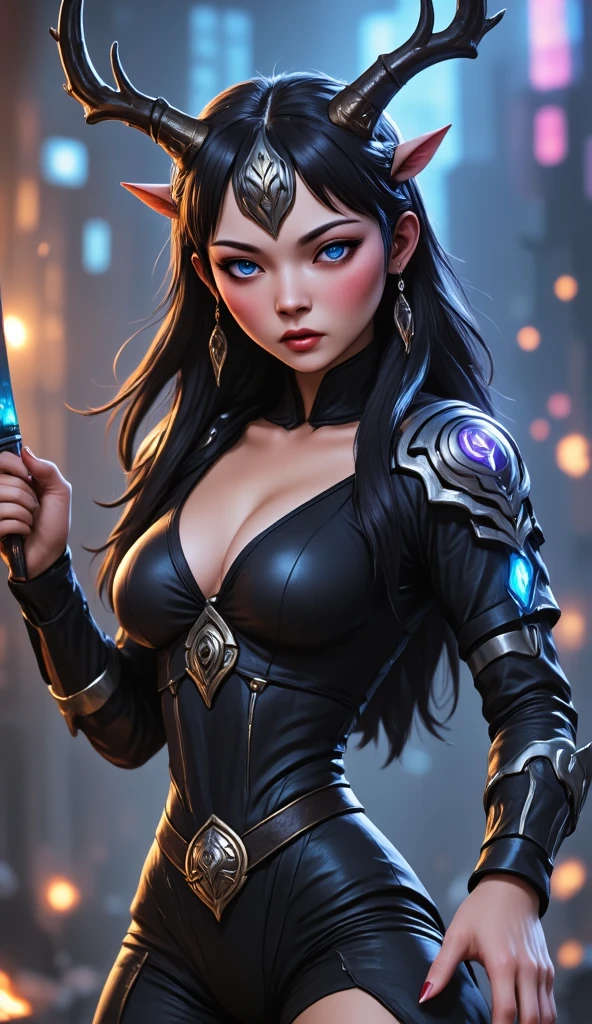 majestic pose: Noxira is standing, emanating an aura of power and mystery, with eyes shining with a deep darkness.Cryptic Expression: Your face reveals relentless determination, without showing emotions, as if looking at the universe with disdain.dark environment: She is surrounded by a halo of dense shadows and shooting stars, highlighting her nature as Goddess of the Void.armor details: The black armor is adorned with intricate patterns reminiscent of distant galaxies and nebulae., Reflecting Your Connection to the Cosmos.stellar background: The scenery behind her is a starry sky, with bright stars and a gloomy atmosphere, complementing its imposing presence.