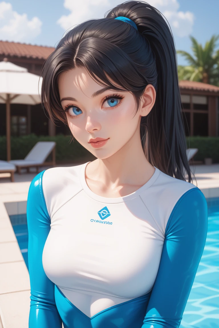 1girl, jealous expression,gigantic breasts, <lora:ATBv1-1:1.0> atb, Focused Magic Incantation pose,(viewed from above:1.1), shiny skin, blush, eyeliner, eyeshadow, eyelashes, looking away from viewer, Office background , Amber eyes,( very long Blue Classic Slicked-Back Ponytail hairstyle),cinematic lighting, sunlight, volumetric,<lora:GoodHands-beta2:1.1> nice hands, perfect hands, <lora:tennis_outfit:0.5> wearing tennis_outfit, tennis field, holding tennis_racket