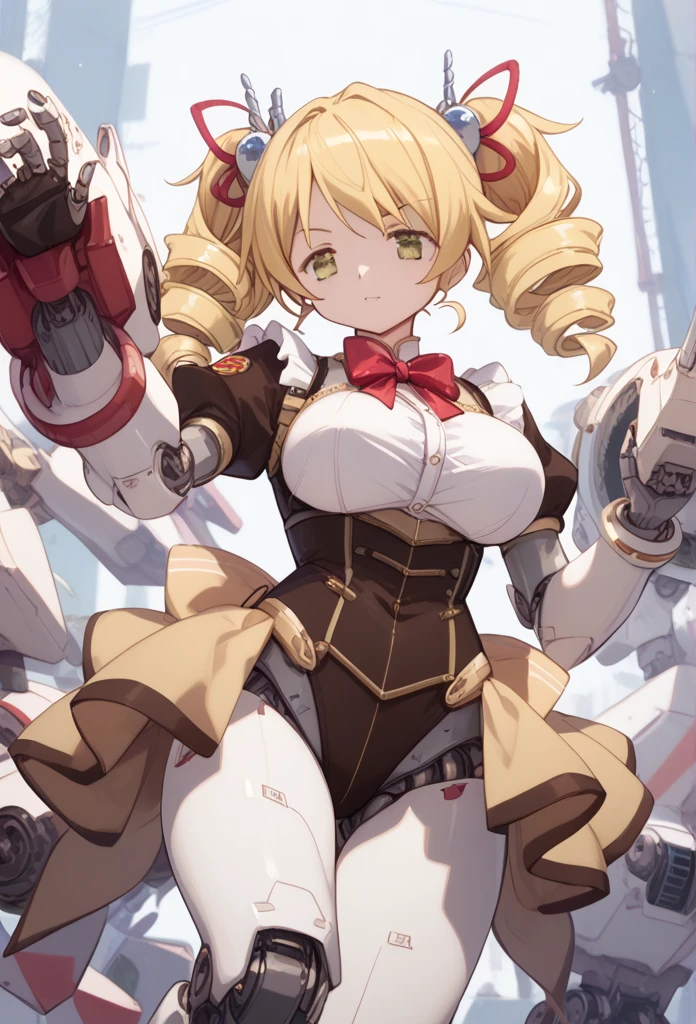 Robot animation illustrations、 1 girl(Mami Tomoe, blonde hair, drill hair, twin drills, yellow eyes, large breasts,)、 mecha arm 、Mecha thigh、mechanical foot 、、  ROBOTANIMESTYLE