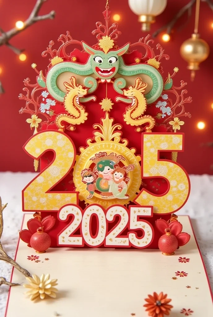 This is a digital artwork celebrating the Chinese New Year,specifically the year 2025,rendered in a vibrant,detailed,and slightly stylized CGI style. The main subject is a large,ornate red lantern with intricate,