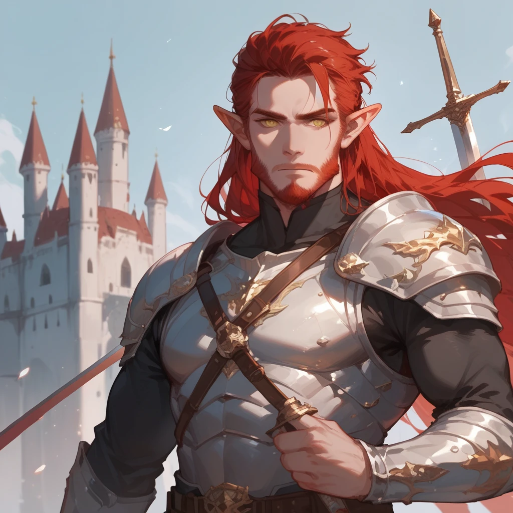 (score_9, score_8_up), score_7_up, 1man, long red hair, short pointed ears, short beard, battle worn, armour, longsword on back, stern, emotionless, aloof, golden eyes, menacing, 40 years old, staring at camera, castle background,