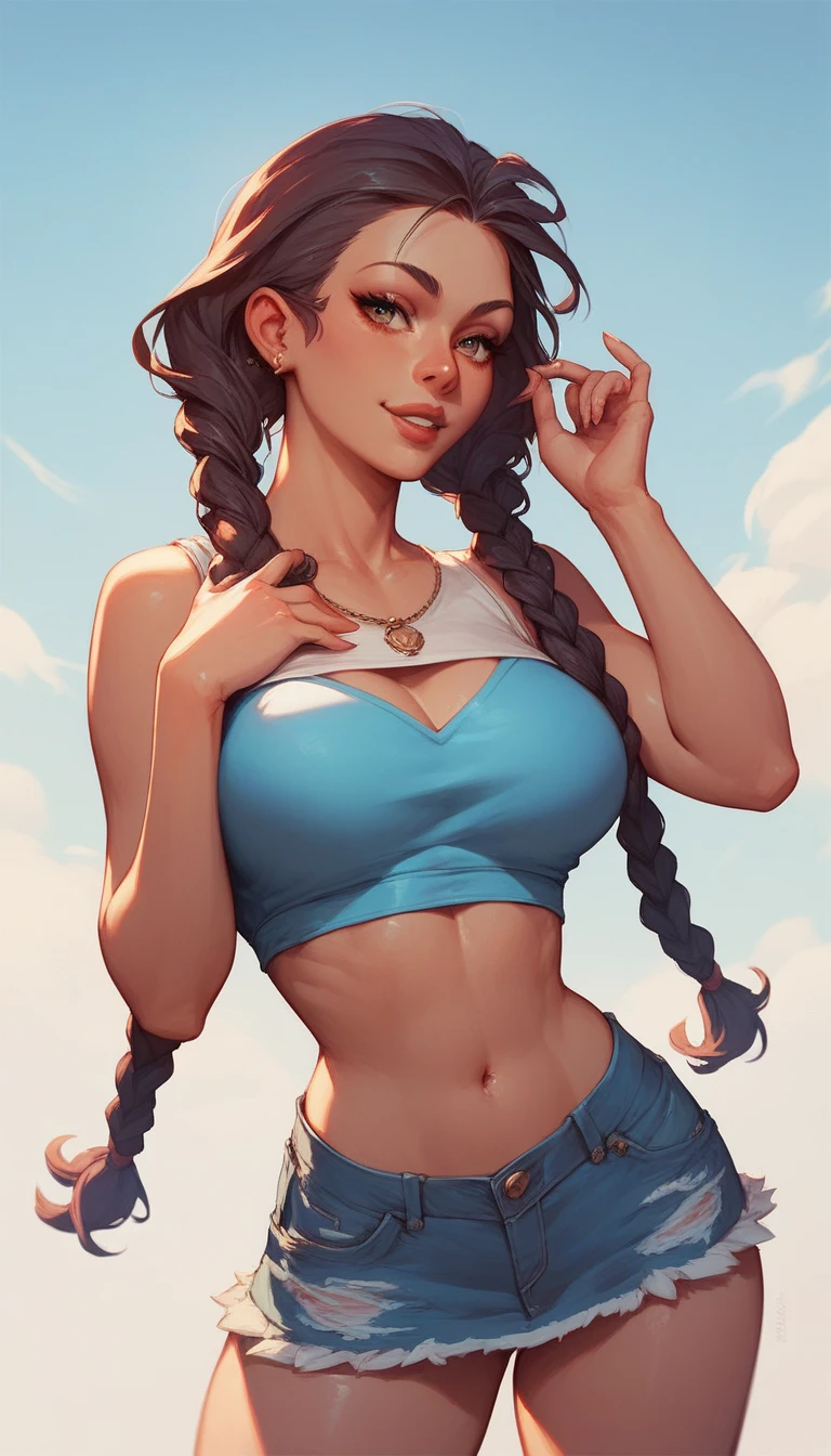 Quiotopunk, ciberpunk, estilo anime, 1 garota, mulher, bad punk girl, camel toe, [:Selvagem, figurinos sedutores,:0.2], bombshell punk hair, sunset neon hair, Corte em U, saia jeans, Bombastic hair, cabelo carmesim neon, French braids,Braided Bun, coxas grossas, cintura estreita, Japanese, massive huge tits