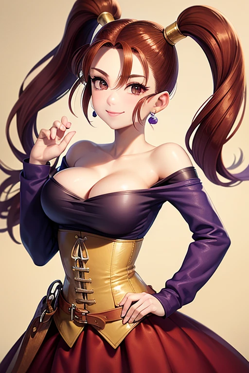 Jessica,  shiny maroon hair,  twin tails, ( beautiful brown eyes、 center split)、smile、 super detailed eyes、 very detailed face ,  highly detailed eyes ,cowboy shot,、(Alone,  One Girl )、 ,Master Piece,  top quality ,  high res, masterpiece , 

(masterpiece,  top quality :1.2),  1 girl, smile,  watching viewers,  putting hands on the lower back ,  twin tails, purple shirt , Stress Dress,  corset,  earrings for women with first name, belt,  clevis on a stone