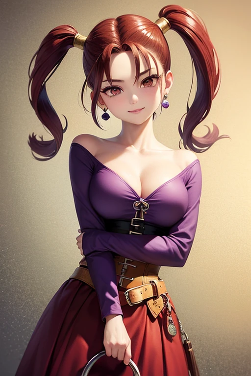 Jessica,  shiny maroon hair,  twin tails, ( beautiful brown eyes、 center split)、smile、 super detailed eyes、 very detailed face ,  highly detailed eyes ,cowboy shot,、(Alone,  One Girl )、 ,Master Piece,  top quality ,  high res, masterpiece , 

(masterpiece,  top quality :1.2),  1 girl, smile,  watching viewers,  putting hands on the lower back ,  twin tails, purple shirt , Stress Dress,  corset,  earrings for women with first name, belt,  clevis on a stone