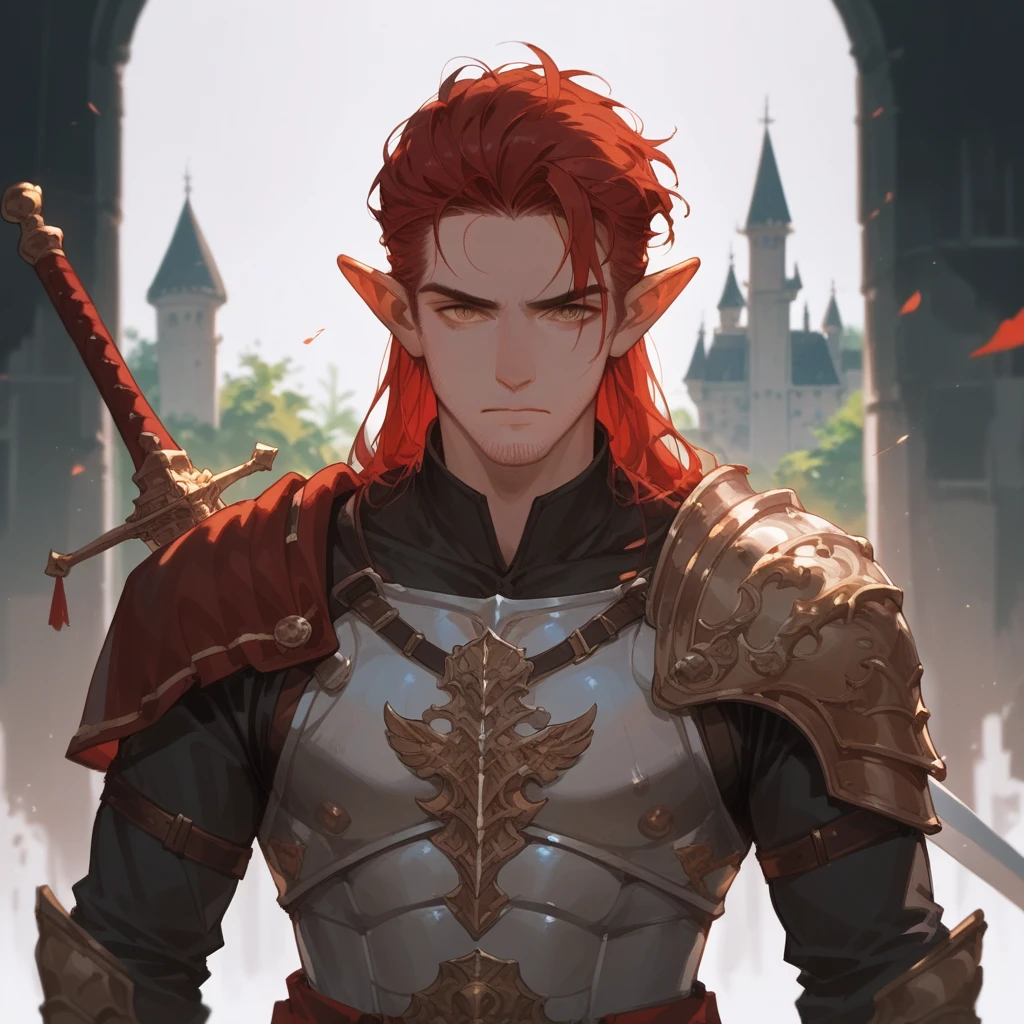 (score_9, score_8_up), score_7_up, 1man, long dark red hair, short pointed ears, medium stubble, battle worn, armour, longsword on back, stern, emotionless, aloof, golden-brown eyes, menacing, 40 years old, staring at camera, castle background,