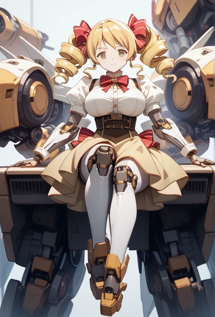 Robot animation illustrations、 1 girl(Mami Tomoe, blonde hair, drill hair, twin drills, yellow eyes, large breasts,)、 mecha arm 、Mecha thigh、mechanical foot 、、  ROBOTANIMESTYLE