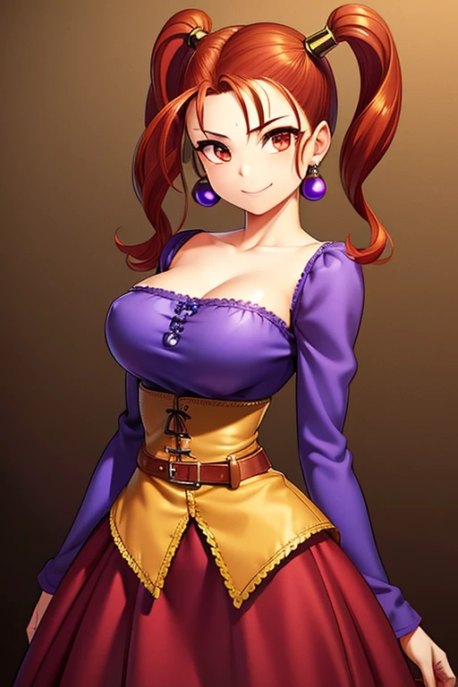 Jessica,  shiny maroon hair,  twin tails, ( beautiful brown eyes、 center split)、smile、 super detailed eyes、 very detailed face ,  highly detailed eyes ,cowboy shot,、(Alone,  One Girl )、 ,Master Piece,  top quality ,  high res, masterpiece , 

(masterpiece,  top quality :1.2),  1 girl, smile,  watching viewers,  putting hands on the lower back ,  twin tails, purple shirt , Stress Dress,  corset,  earrings for women with first name, belt,  clevis on a stone