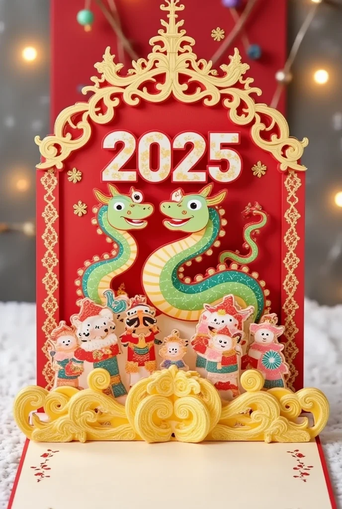 This is a digital artwork celebrating the Chinese New Year,specifically the year 2025,rendered in a vibrant,detailed,and slightly stylized CGI style. The main subject is a large,ornate red lantern with intricate,