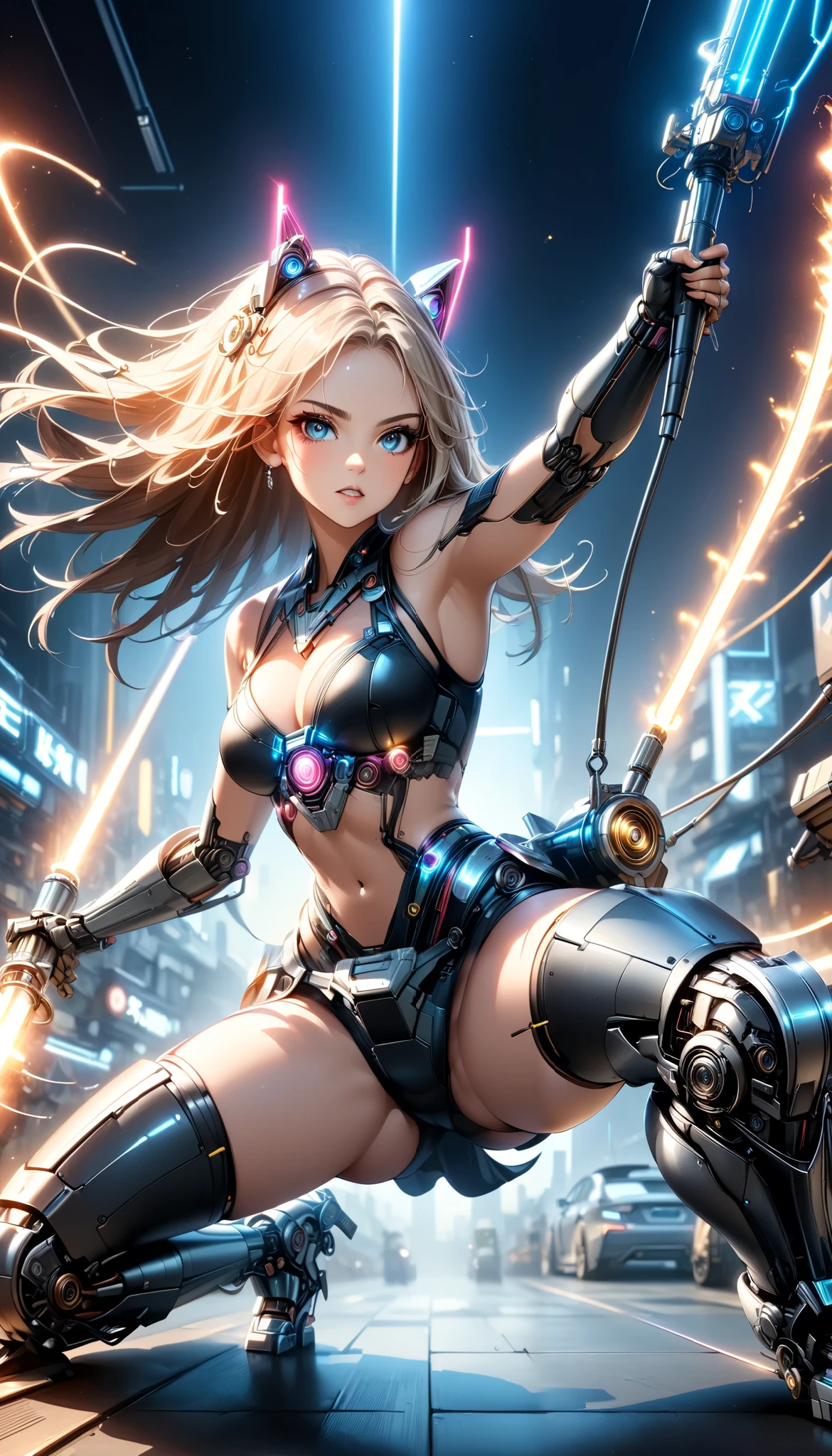  detailed and very realistic robot woman , 1girl, ((Holding a saber in one hand,  action pose,  dynamic battle scene )),  beautiful finely drawn eyes ,  beautiful finely drawn lips ,  very detailed face ,  long eyelashes, (( headgear , goggles,  manipulator )), Metallic skin, Futuristic,  dark atmosphere,  glowing neon cyberpunk implants,  intricate mechanical details ,  Complex Machines , Complex Circuits,  dynamic poses in a crowded store, Dramatic lighting,  retro future of advanced vehicles,  brightly colored ,  dutch angle, (( Anime Style,  neon pop style :1.2, Detailed CG illustration)),  super detailed ,  studio lighting ,  intricate details , ( top quality , 4K, 8k, High Resolution, masterpiece:1.2).