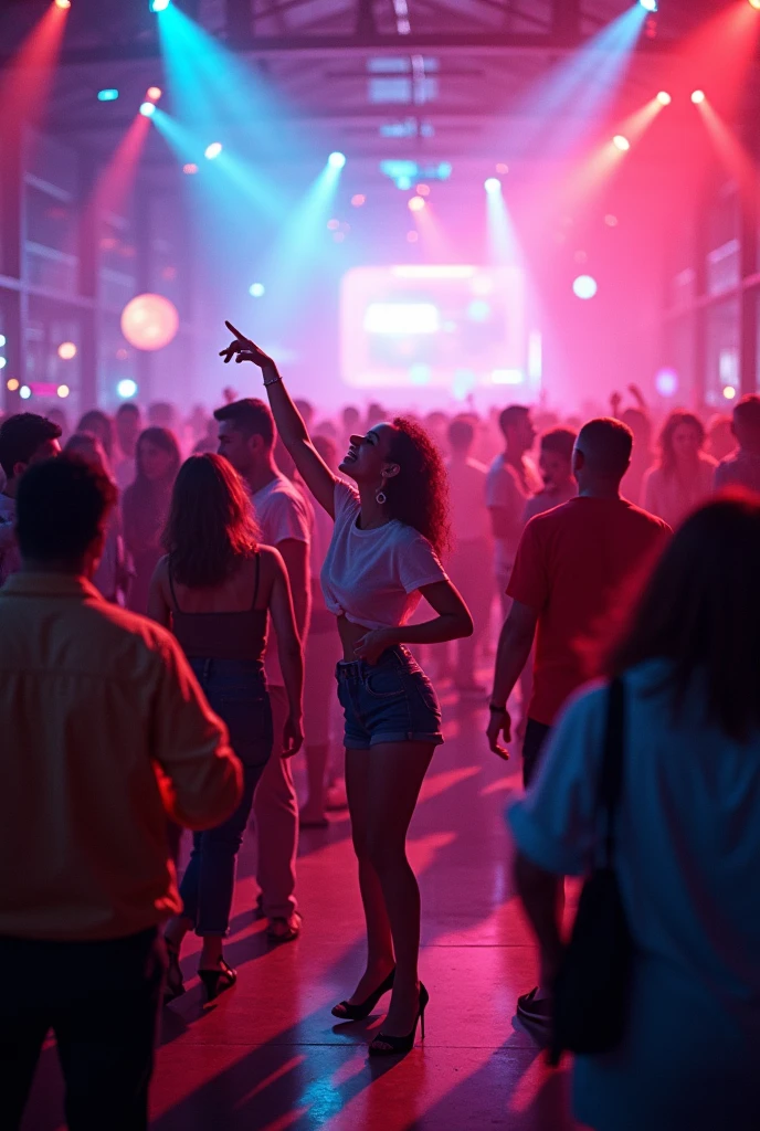 The scene takes place at a lively and vibrant party., full of people dancing and having fun. Em primeiro plano, an individual with characteristics associated with the sign of Aries (like a contagious energy and a confident attitude) she's on stage. They are in the middle of a crazy, improvised choreography, which is so frantic that even they can't keep up. The room is lit with colorful disco lights and a large mirror ball reflects the lights around it..
En el centro de la imagen, Aries is in the middle of an exaggerated and energetic dance, with an expression of pure amusement and excitement on his face. Around her, other guests are laughing and joining in the dance, some trying to imitate the crazy steps.
In a corner of the scene, there is a small area where two participants are competing in a duel of "who drinks faster", with glasses of drink in hand and an expression of fun competition. The crowd around is excited and cheering on the competitors.
No fundo, a large poster or sign made with bright letters says: "Who's ready for some fun??", highlighting the festive spirit of the party. The music is loud and the energy is palpable, reflecting the vibrant and challenging nature of the Aries sign.