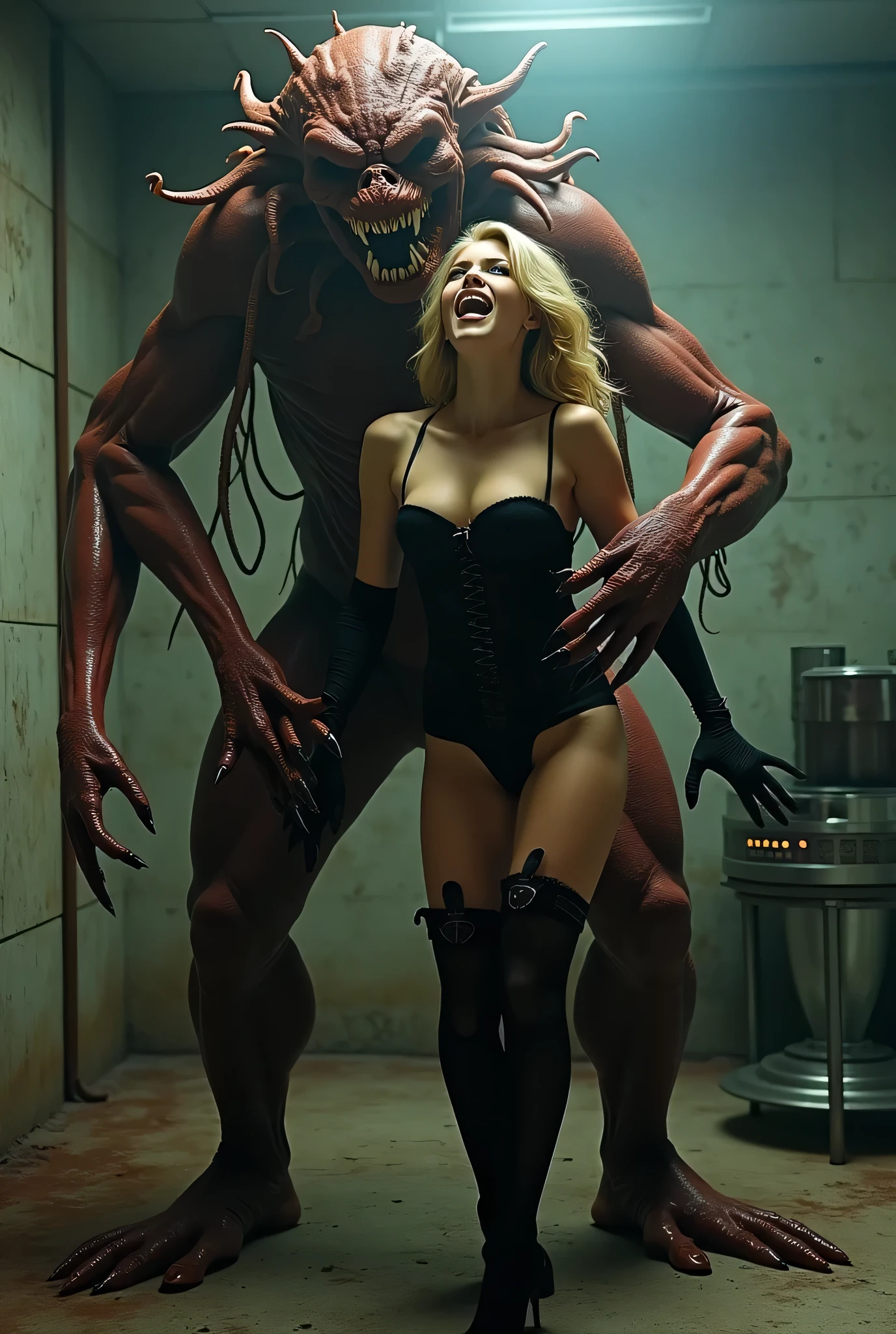 1girl, 1boy, Blue eyes, (smile), surrounded by monsters, on al fours, (fucked from behind by a monster :1.4), (sex with a monster :1.4), (raped by a monster :1.3), terrifying creature, huge penis, in bed, in a hotel room, (Sana Minatozaki), wide hips, Big , big ass, (Best Quality, 8k, Masterpiece: 1.3), perfect hands, Clear Focus: 1.2, Perfect Body Beauty: 1.4 , Strongs Abs: 1.2, Highly detailed face and skin texture, detailed eyes, double eyelids, (blonde long hair :1.2), naked, nsfw
