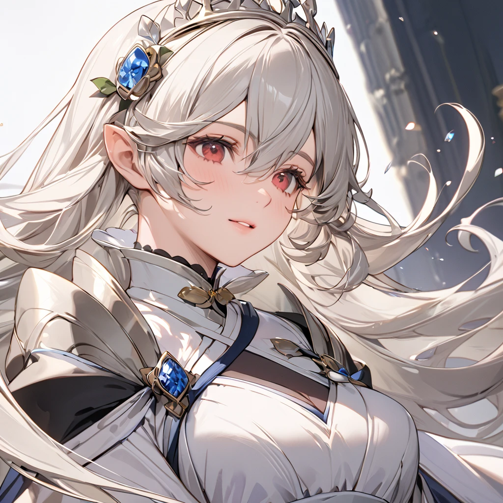 (( top quality )), ((masterpiece)), (  Details), （perfect face）、That woman is Kamui ,  a medium length silver-haired princess.