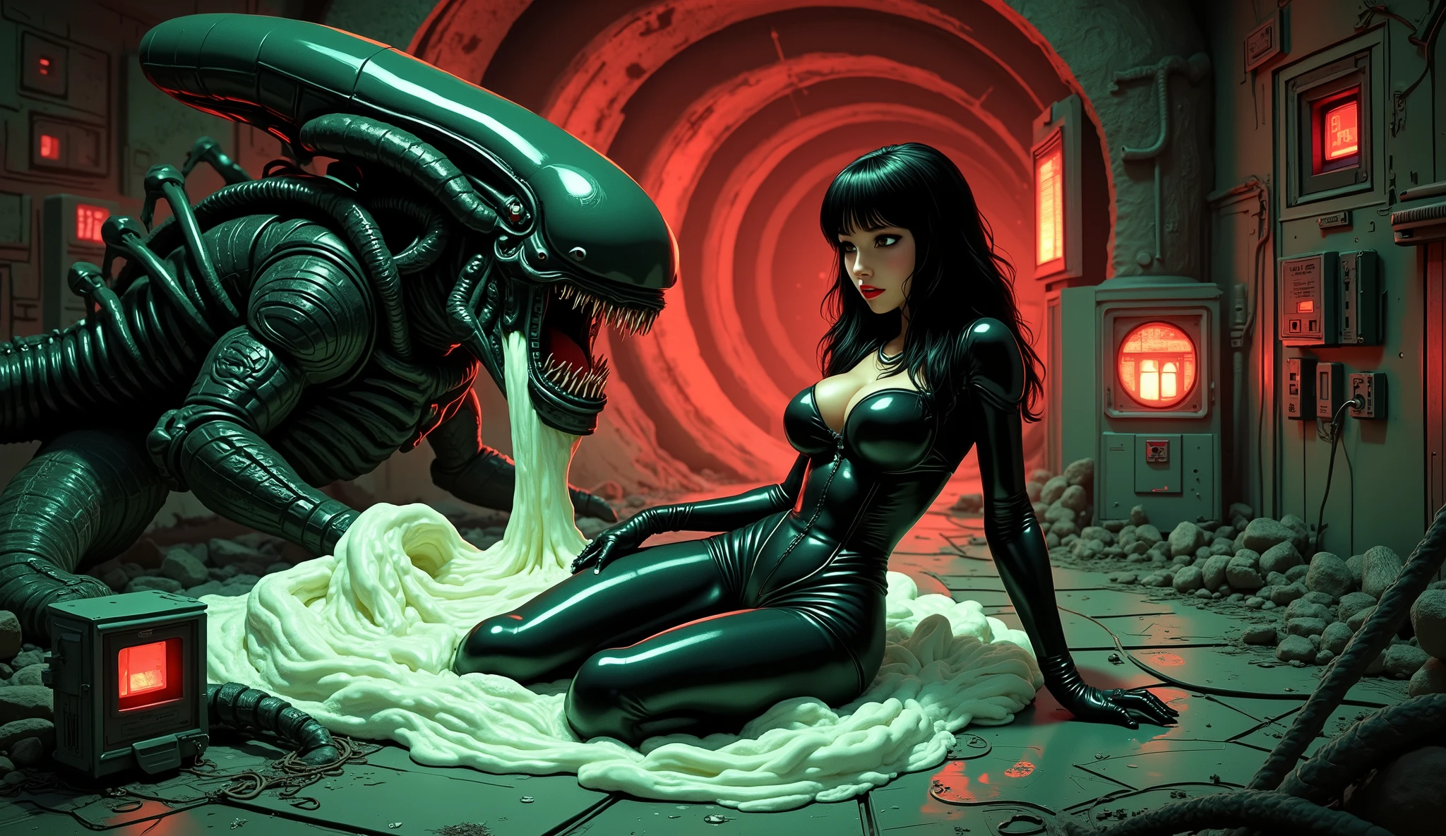 slender Japanese girl, wearing black leather space suit with red trim, seducing a horny xenomorph, on the derelict space freighter Nostromo, small breasts, curvy firm ass, very erotic, xenomorph is secreting a white substance on the girl, surreal horror, fumetto style, jess Franco, Jean Rollin, Mario Bava, high contrast, vivid colors, lurid eerie atmosphere, psychological tension, intricate line work, nightmarish atmosphere, porno magazines, retro, vintage, red and green tones, lo-fi vibe, Frazetta, Brian Bolland, Barry Windsor-Smith, 60s aesthetic, horror movie, detailed, intricate, volumetric lighting