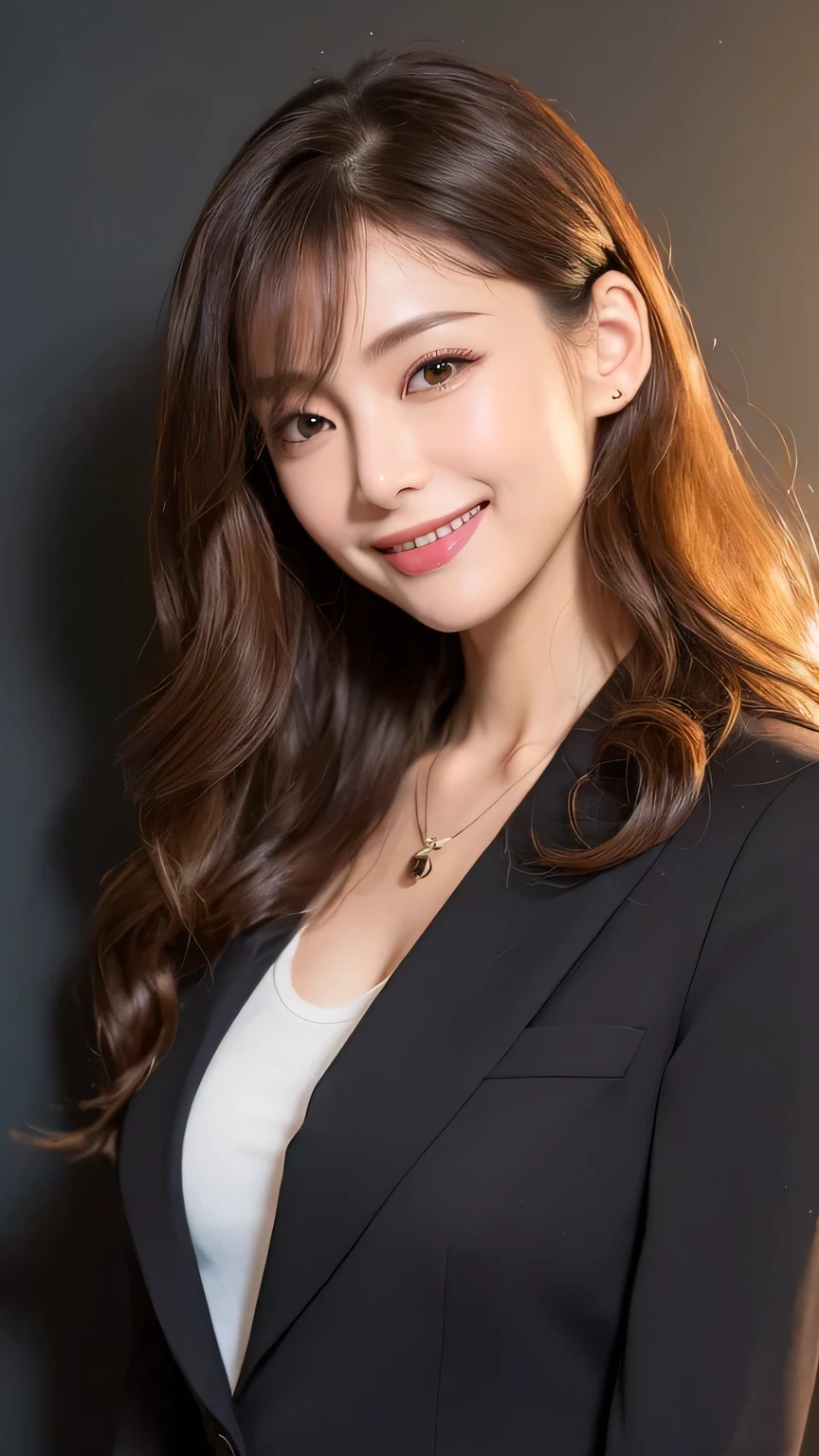 ((  top quality , 8k,   photorealistic expression :1.5、delicate、 Details:1.5、masterpiece: 1.3))、（( Perfect Skinny Body 、 slender figure :1.4)）、((( stylish,  Graceful Beautiful Woman 、30 Year Old Secretary  、Slender small face 、excited nose 、)))、(( natural makeup  、Shiny Lipstick  )),(((big, sloppy breasts)))、((Light brown hair 、 disheveled wavy long hair:1.1、 asymmetrical hair))、(( Detailsな目))、((Wore a black business suit:1.3、 Long Sleeve 、 black jacket 、 white business shirt))、(())、(( fresh smile:1.2))、((Close mouth))、  necklace  , ( Professional Cool Lighting:1.3)、(( Chest to Head ))、(( simple dark wall background:1.3))、  is standing、 from side