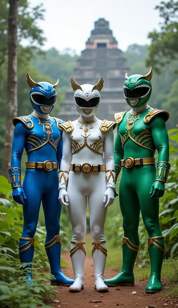 Number of Rangers: 3 (blue, white, green). Design: Suits feature Mayan ...