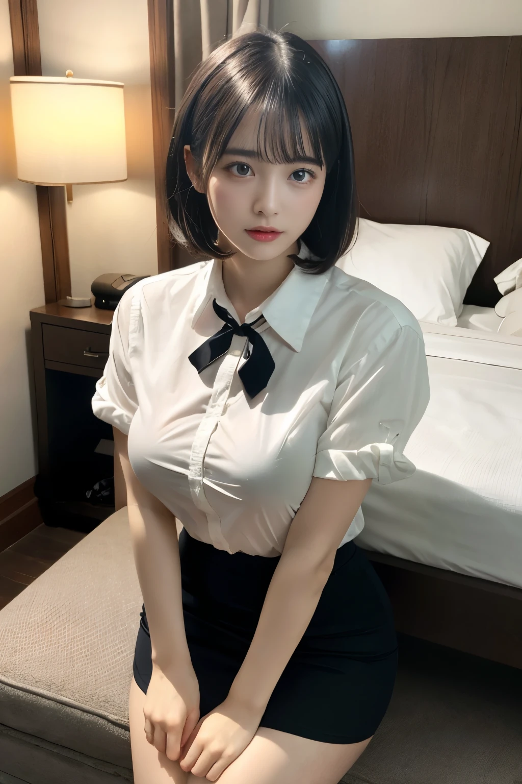 Korean school uniform,Summer uniform shirt,Ribbon Ties,a skirt,School Classroom,school stairs,Chest thrust pose,(the breasts are large),8K raw photos,A high resolution,cool Korean at 16 years old,very large round breasts,beautiful eyes in detail,long eyelasher,beautiful double eyelid,eye shadows,eyes liner,Cut Eyes,Elongated eye shape,Sanpaku eyes,evilsmile,Evil expression, Beautiful very thin legs,Beautiful very thin thighs,Random short hair,Hair tied behind the head,large circle earrings,(Short messy hair),With gray eyes(with black curled hair)(Close-up)