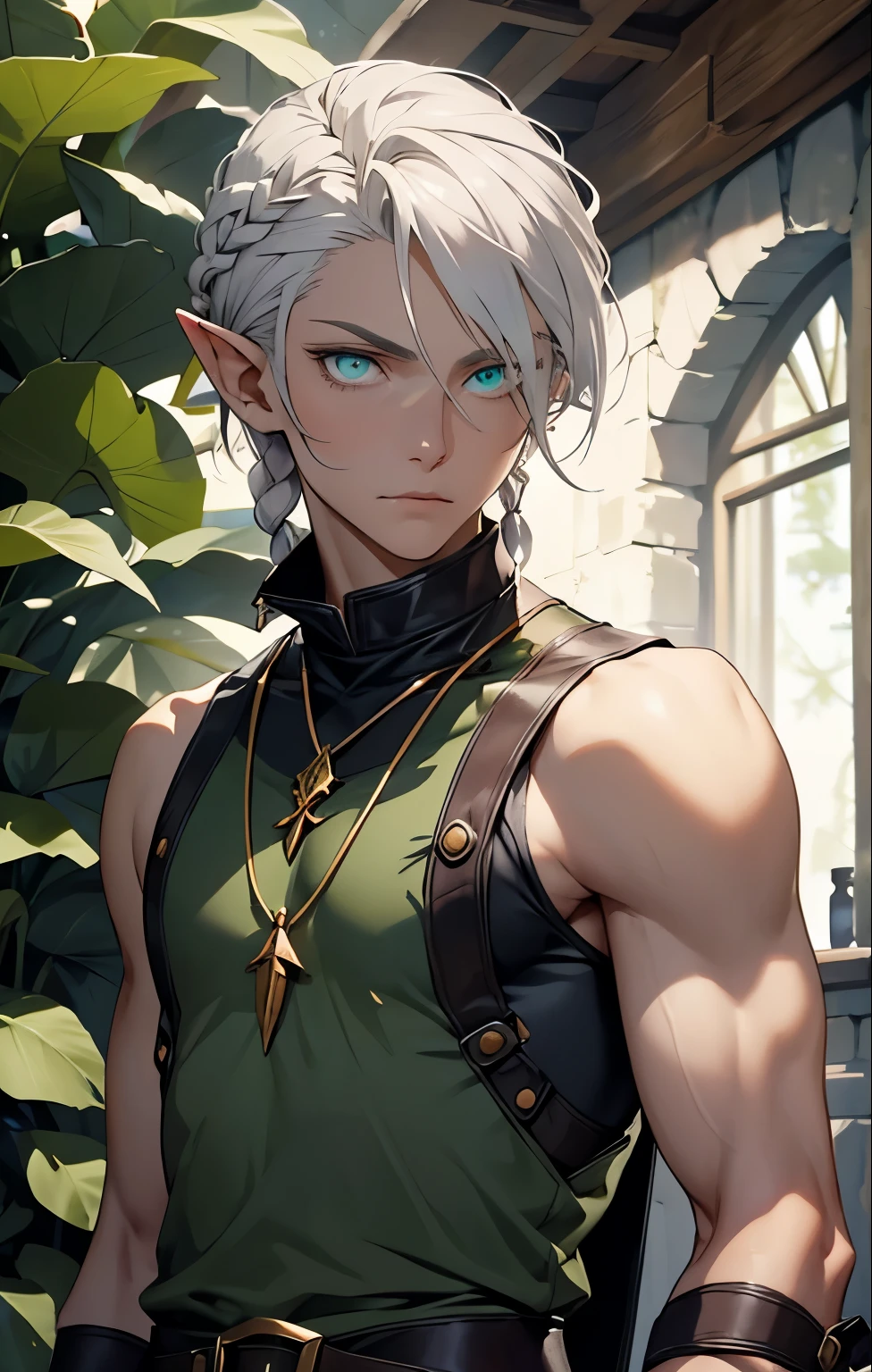 Appearance:
Aerindor is a tall, slender elf with pale silver hair tied back in a simple braid. His eyes are a vivid emerald green, glowing faintly with the inner light of someone deeply attuned to Grace. His skin has a faint, sunlit warmth, marked by faint scars from years of smithing. His hands, though elegant, are calloused from countless hours at the forge.
Attire:
He wears a sleeveless tunic made from lightweight, flame-resistant fabric, paired with simple leather bracers. A long silver pendant in the shape of a leaf hangs around his neck, symbolizing his family’s smithing legacy.
