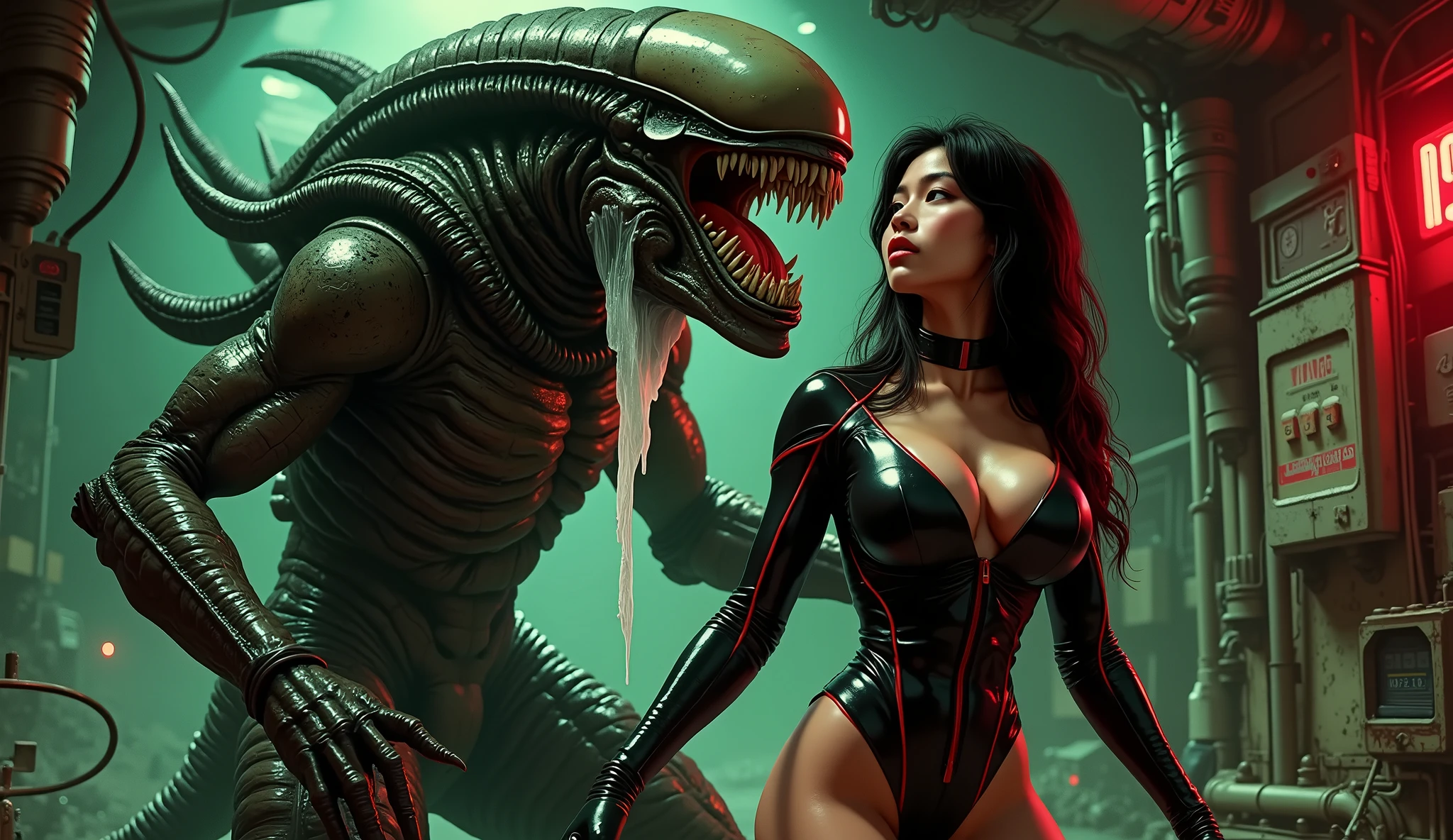 slender Japanese girl, wearing tight black leather space suit with red trim, seducing a horny xenomorph, on the derelict space freighter Nostromo, small breasts, curvy firm ass, very erotic, xenomorph is secreting a white substance on the girl, surreal horror, Italian fumetto style, Mario Bava Italian sci-fi and horror aesthetic, high contrast, vivid colors, lurid eerie atmosphere, psychological tension, intricate line work, nightmarish atmosphere, porno magazines, retro, vintage, red and green tones, lo-fi vibe, 60s aesthetic, horror movie, detailed, intricate, volumetric lighting
