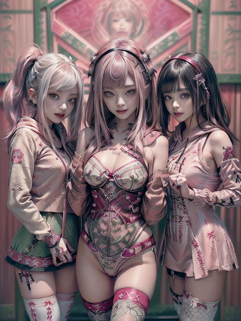 Prety-punk-rococo-tattoo-womandemon-ukiyo-e art world. A group of 7 demon girls taking a selfie. They are of Spanish origin, They are young and beautiful. Vestida de una manera moderna con muchos accesorios. They are smiling and very happy