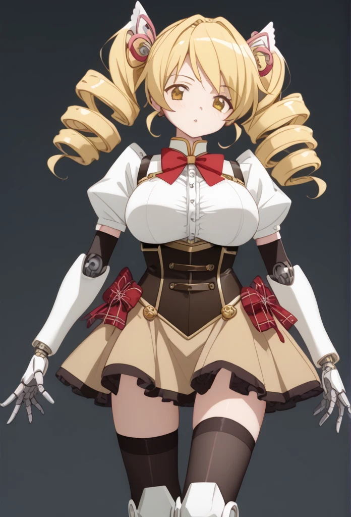   robot anime illustration、 1 girl(Mami Tomoe, blonde hair, drill hair, twin drills, yellow eyes, large breasts,)、 robot 、 Robot joints、armor、 Bodysuit、Glossy Skin、 mecha thigh 、mechanical foot 、 robot skirt 、 funnel musket、  ROBOTANIMESTYLE