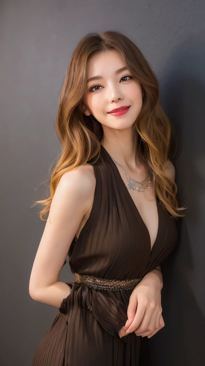 ((  top quality , 8k,   photorealistic expression :1.5、delicate、 Details:1.5、masterpiece: 1.3))、（( Perfect Skinny Body 、 slender figure :1.4)）、((( stylish,  Graceful Beautiful Woman 、30 Year Old Secretary  、Slender small face 、excited nose 、)))、(( natural makeup  、Shiny Lipstick  )),(((big, sloppy breasts)))、((Light brown hair 、 disheveled wavy long hair:1.1、 asymmetrical hair))、(( Detailsな目))、((Wore a dress with a geometric pattern:1.3、 sleeveless))、(())、(( fresh smile:1.2))、((Close mouth))、  necklace  , ( Professional Cool Lighting:1.3)、(( Chest to Head ))、(( simple dark wall background:1.3))、  is standing、 from side