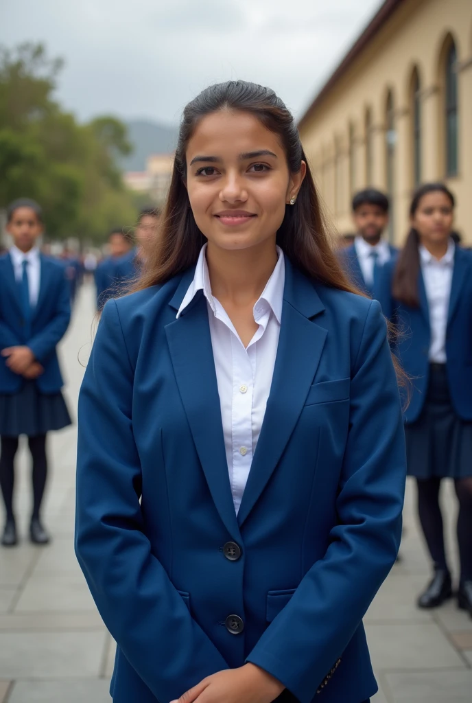 A Pakistani school girl stand in front of the school name paramount science school 
