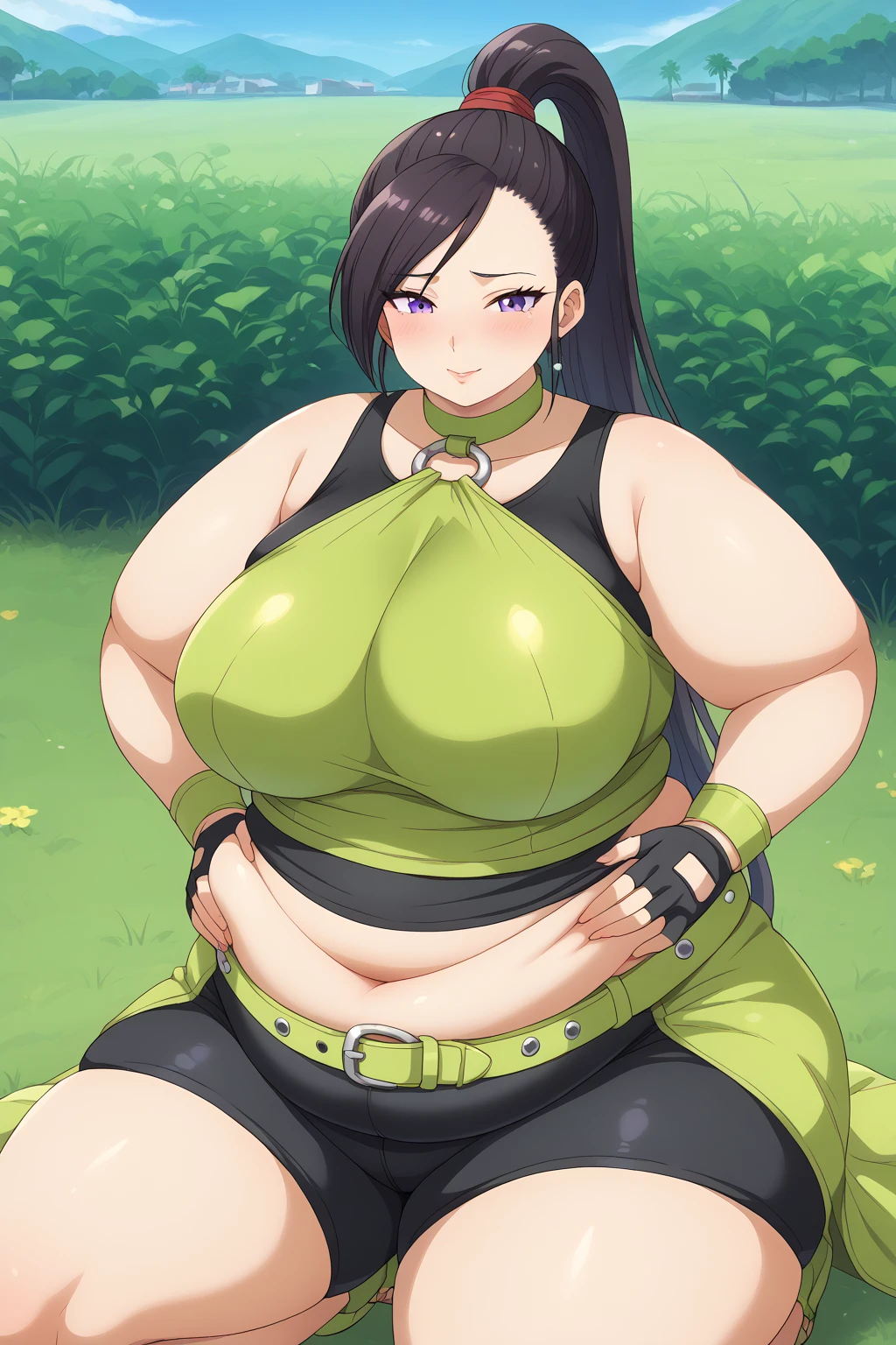 dragon_Quest martina , Martina、 long hair、 ponytail、 purple eyes、 black hair、 shoulder out、  Yellow-green Crop Top, black tank top, yellow-green choker ,silver o-ring top , midriff,  black latex shorts , Yellow-green waist wrap , yellow-green belt,fingerless gloves,  yellow-green wristband ,Exposed Navel , Bare Thighs ,milf, obese の中年女性, embarrassing expression , troubled expression,(( forward slouching position,  posture that emphasizes breasts)) ,((Outdoor,grassland)), score_9,  score_8_ up、 score_7_ up、 score_6_ up、 score_5_ up、 score_4_ up、 masterpieces at the front door of the house、 top quality 、 very aesthetic、 absurd,、 Source_ أنيمي أنيمي‎ screencap, one woman、Alone、 personal 、Long Hair,Super huge breasts, fat boobs, fat belly, fat ass, Curvy、 wide hips、Fat body、 chubby、 obese ,