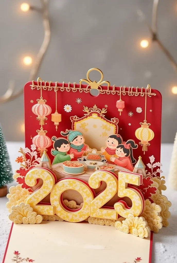 In the 3D style, the center of the picture is a huge calendar. On the calendar, a family of four is enjoying dinner, New Year's scene, the table is full of delicious dishes, and the lanterns emit warm light. The delicate details of the lantern include a gold pattern and gently swaying tassels. In front of the lantern, the three-dimensional golden digital "2025" has bright colors and delicate textures. In the background is a winter city scene with snowy flowers floating in the air. The whole picture is full of the vitality and festive atmosphere of the Spring Festival.