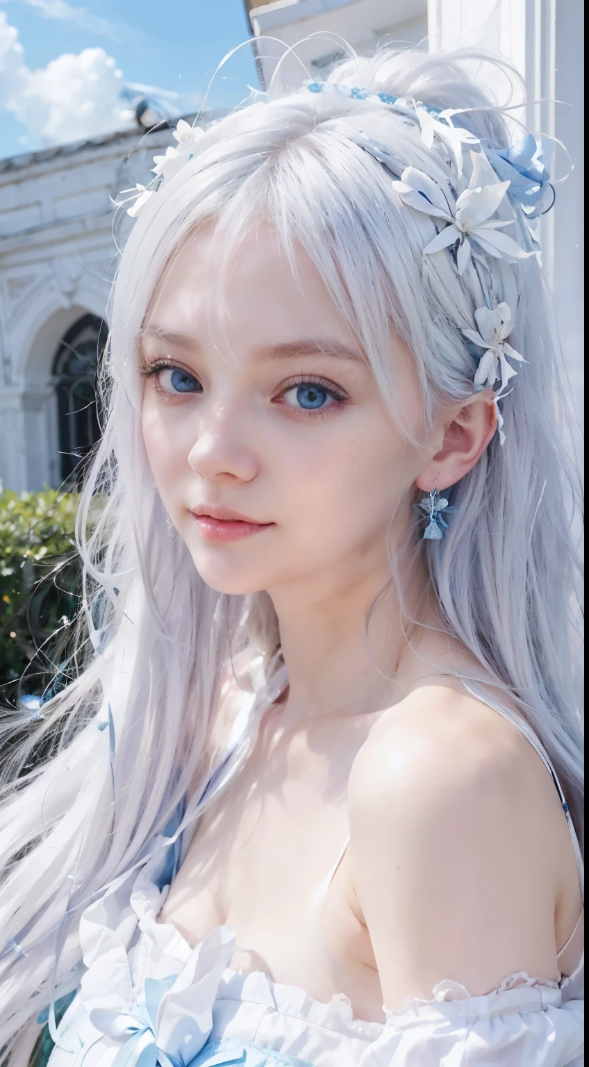 1girl in,  Long hair, Straight hair, Sparkling eyes, PUPILS SPARKLING, longeyelashes, makeup, Smile, Modern, depth of fields, One-person viewpoint, POV, close-up, Wide Shot, From below, wide angles, F/1.8, 135 mm, canon, nffsw, retinas, ((A girl standing in front of the theater stairs)）、 （Golden white hair）((A girl standing in front of the theater stairs)）、((posterior view))、((Looks Back)),(portlate、bright expression、Young shiny shiny white shiny skin、Best Looks、ultimate beauty girl、The most beautiful platinum blonde hair in the world、shiny light hair,、Super long silky straight hair、Beautiful bangs that shine、Glowing crystal clear attractive blue eyes、Very beautiful nice cute  girl、Lush bust、、 Silver hair, Bangs, Blunt bangs, Long straight hair, aqua eyes, longeyelashes, Solid Circle Eyes, makeup, Open mouth, blush, Parted lips, Bright pupils, smiley, Seductive smile, glint, surrealism, Modern、Black pantyhose、high-heels、mix４、（(White floral dress、、off shoulders、a miniskirt: 1.6)）、Skyscrapers are hazy in the windows、((Skirt flutters in the wind、soar:1.4)),((Raise the hem of the skirt with your hands)),(White lace panties are visible)