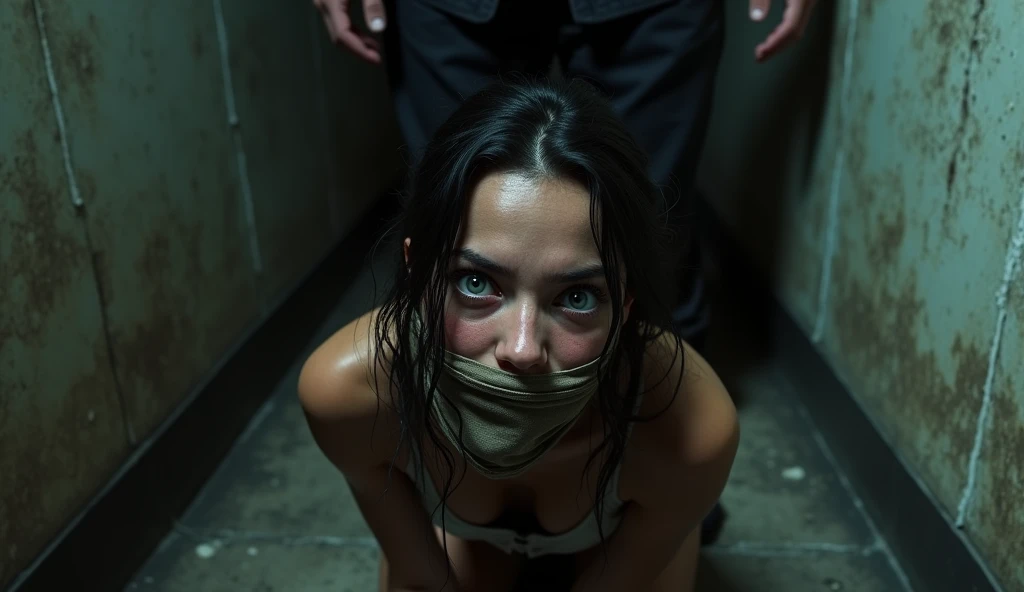 man tightening rope noose around moroccan woman neck, latex pvc bodysuit,16-year-old woman, man putting rope around woman's neck, womanserious expression, woman empty expression, wide-eyed, scared, execution by hanging, gallows