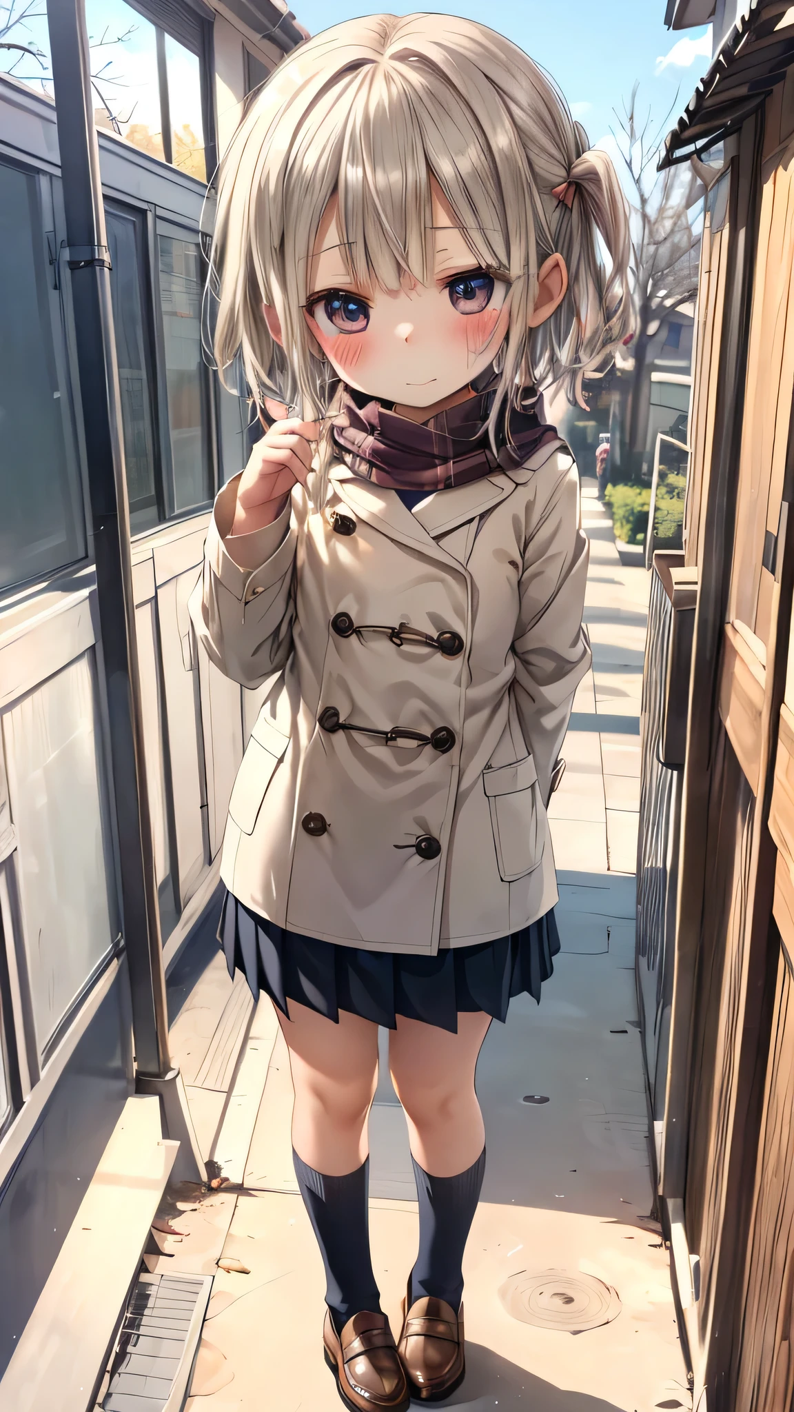 ((masterpiece, sidelighting, finely detailed beautiful eyes: 1.2)), (anatomically collect:1.3), Extremely cute, (extremely detailed beautiful face), (Authentic skin texture:1.4), (outdoor, winter, snowy landscape, park:1.2), (1  girl:1.8), (Loli:1.8), (small stature, petite body:1.8), (flat chest), (short black hair), ahoge, (duffel coat, woolen scarf:1.2), (socks, loafer:1.2), (blush cheek:1.4), (shy, happy), (face focus:1.2), standing