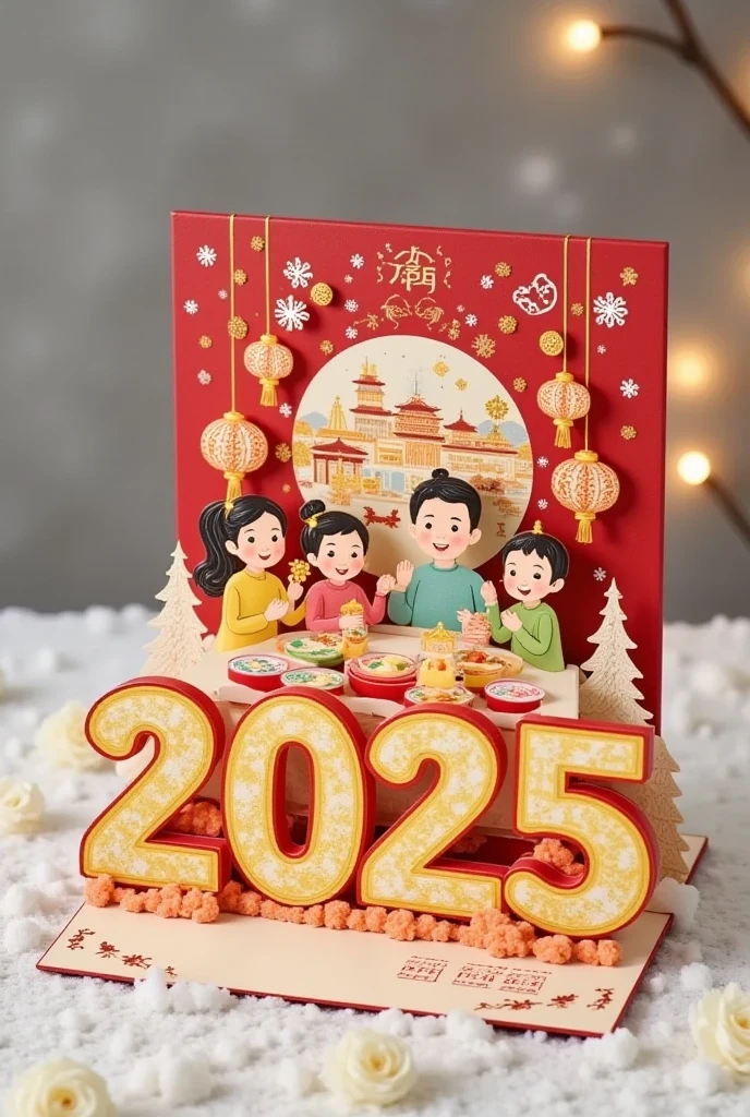 In the 3D style, the center of the picture is a huge calendar. On the calendar, a family of four is enjoying dinner, New Year's scene, the table is full of delicious dishes, and the lanterns emit warm light. The delicate details of the lantern include a gold pattern and gently swaying tassels. In front of the lantern, the three-dimensional golden digital "2025" has bright colors and delicate textures. In the background is a winter city scene with snowy flowers floating in the air. The whole picture is full of the vitality and festive atmosphere of the Spring Festival.