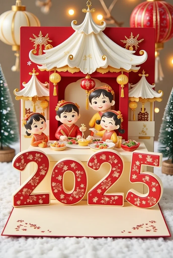 In the 3D style, the center of the picture is a huge calendar. On the calendar, a family of four is enjoying dinner, New Year's scene, the table is full of delicious dishes, and the lanterns emit warm light. The delicate details of the lantern include a gold pattern and gently swaying tassels. In front of the lantern, the three-dimensional golden digital "2025" has bright colors and delicate textures. In the background is a winter city scene with snowy flowers floating in the air. The whole picture is full of the vitality and festive atmosphere of the Spring Festival.