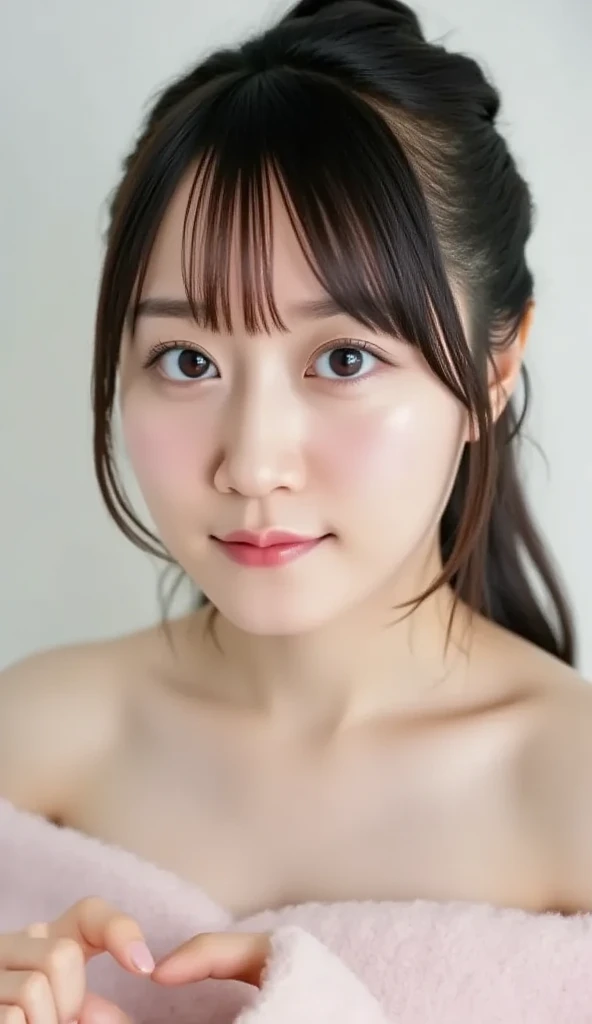 (((top-down configuration:1.4))), (best quality:1.4), (ultra highres:1.2), (photorealistic:1.4), (16k, RAW photo:1.2), (portrait shot:1.3), professional lighting, Japanese goddess, gravure, detailed face and skin texture, detailed eyes, looking at camera, nsfw, beautiful eyes, detailed eyes, beautiful face, detailed face, ((shy:1.5)), (blush:1.3), (highest quality), glowing skin, (smooth lighting:1.2), (cinema lighting:1.2), side view 1girl, looking away, ((naked towel:1.3)), ((her body is covered with towel:1.3)), (cleavage:1.3), ((large breasts:1.4)), (wet thighs:1.3), in bath dressing room, ((steam fog:1.2)), ((sweat:1.5)), wet, (arms back head:1.4), ((emphasize armpits:1.4)), from side