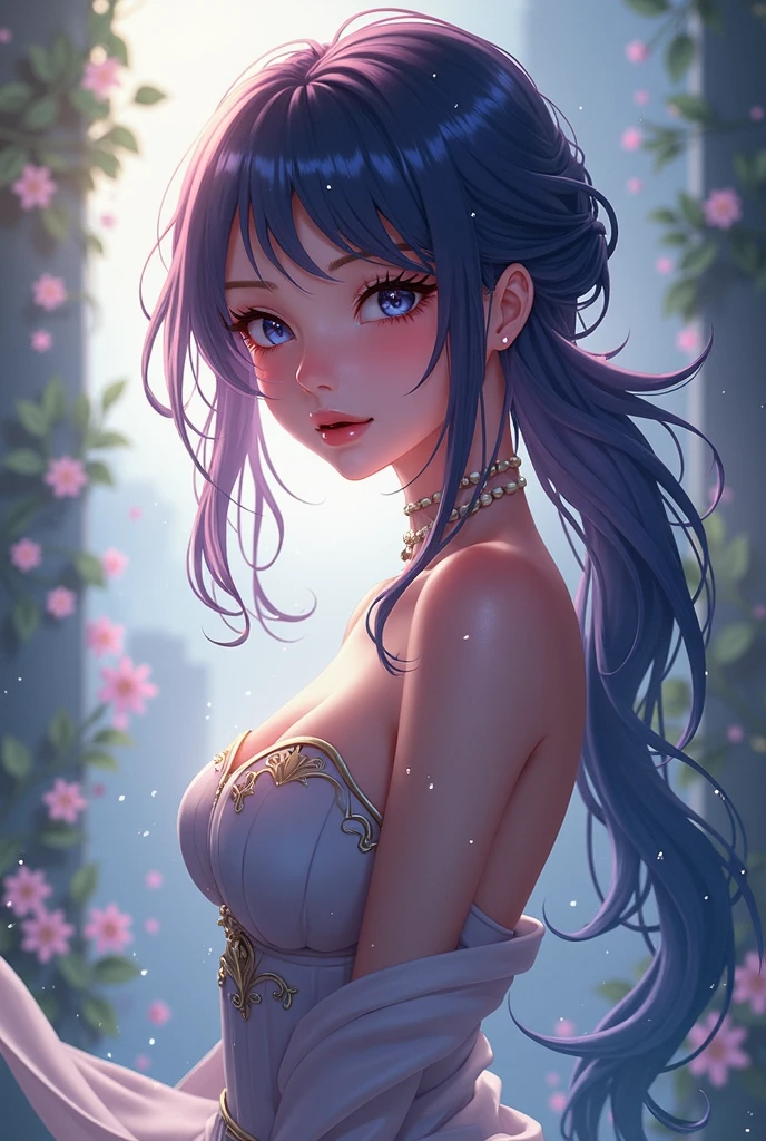 realisticlying,2girl,Blue hair,Purple eye,gloweyes,Cut the top,a skirt,Parting lips,Be red in the face,the night,fresh flowers,suns,sun beam,hugetits
