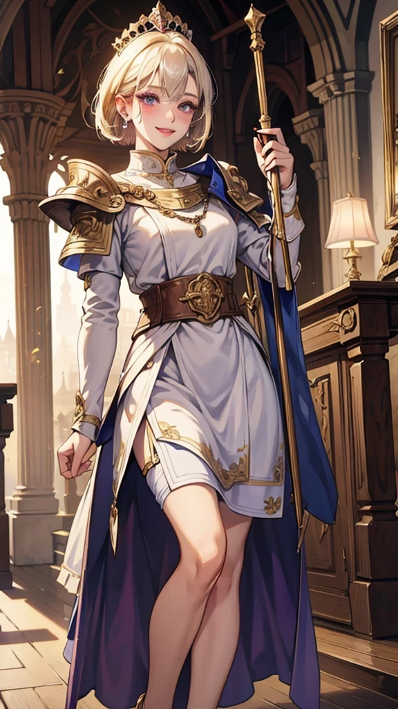 Bloody Doll, Advanced art style,works of masters,16K,HD,Scary smile,silver hair,noble,Mink scarf,crutch,full-body shot,golden light,Advanced Cape,necklace,belt,shy,halo,Sexy figure,Lower chest