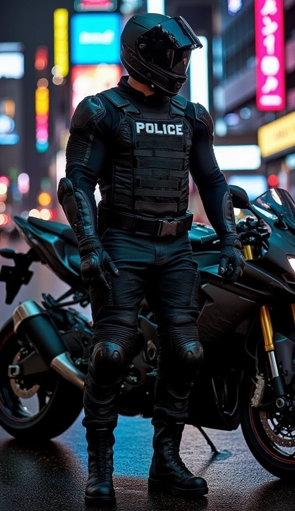 A full-body image of a muscular adult male dressed in police tactical gear, PTU-style, wearing a black leather full-body suit, mask, and tactical boots. The sleek leather outfit provides full coverage, exuding a dark and intense atmosphere. The scene is illuminated by low light, casting dramatic shadows that enhance the mysterious and powerful presence. He stands beside a heavy-duty police motorcycle, ready for action, in a futuristic cyberpunk city street filled with neon lights and advanced technology. The composition emphasizes his commanding stance and the tactical precision of his gear, blending a sleek, futuristic aesthetic with a gritty, law enforcement vibe.,Alia suit