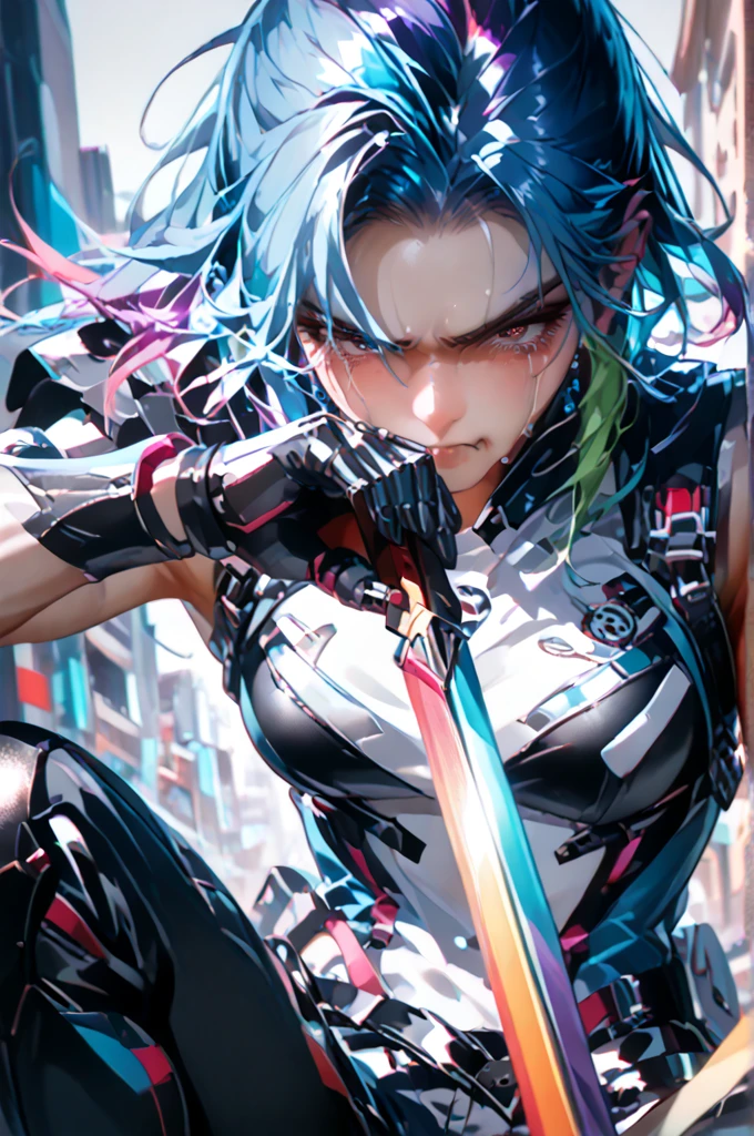 Absurdity, Top Quality, Girls, Striped Hair, T-shirts, Denim Shorts, (Graffiti: 1.25), Paint Splatter, Arms Behind Back, (Leaning Forward), Leaning Back, Leaning Against the Wall, (Tilting to the Side: 0.125), Viewer, Armbands, Thigh straps, Iridescent hair, Paint on the body, Eyes directed upwards, Head down, Head tilted, (from the side: 1), (Expressionless: 0.75), Emilia, Diffraction Spike, Sniper, Sniper Rifle, Scope
