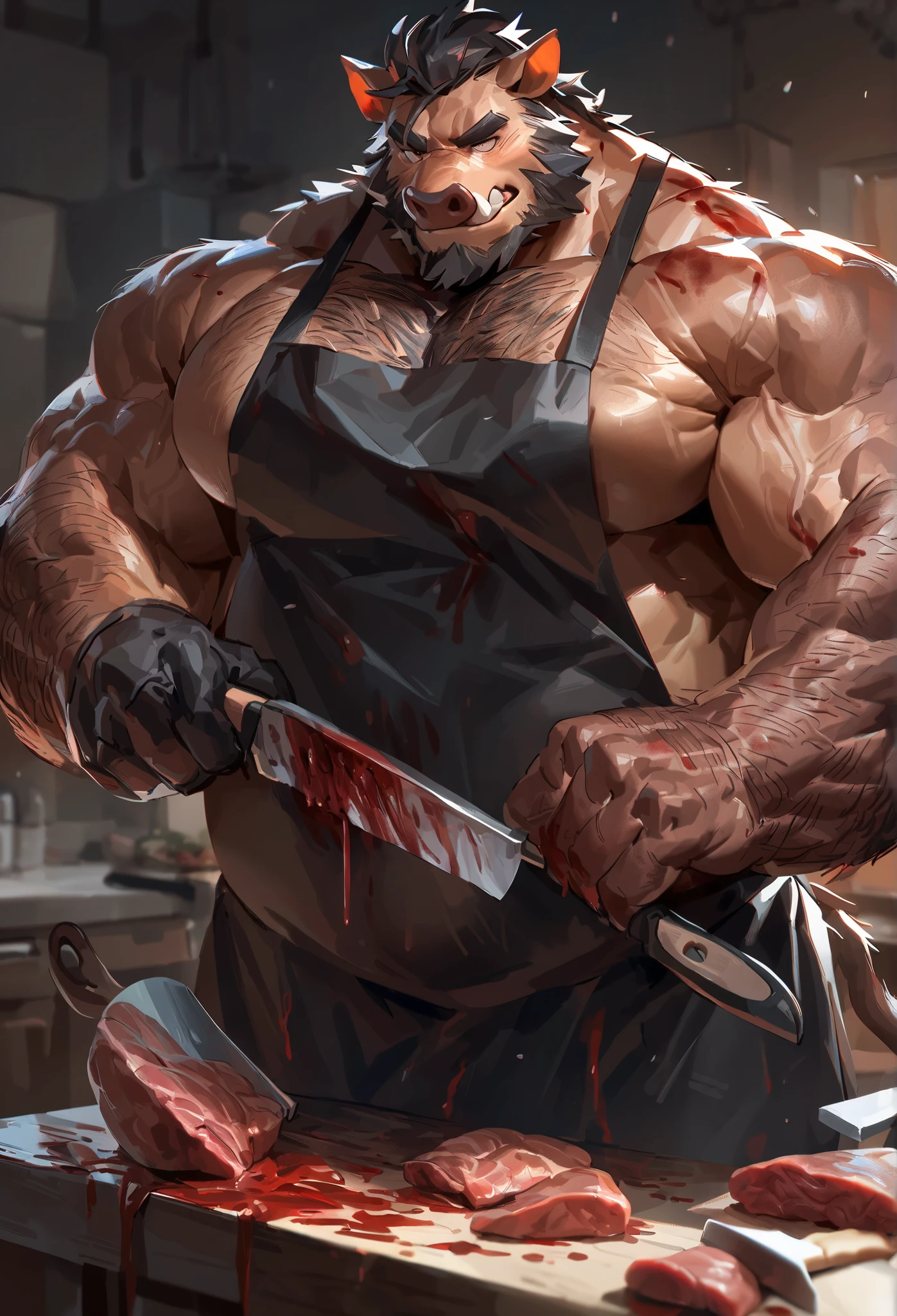 arafed man in a butcher shop with a bloody face, concept art by Ryan Barger, trending on Artstation, digital art, big butcher man posing scarily, butcher angry rotting zombie, wojtek fus, butcher, zombie in horror concept art, james gurney painting style, detailed 4k horror artwork, in a butcher shop
