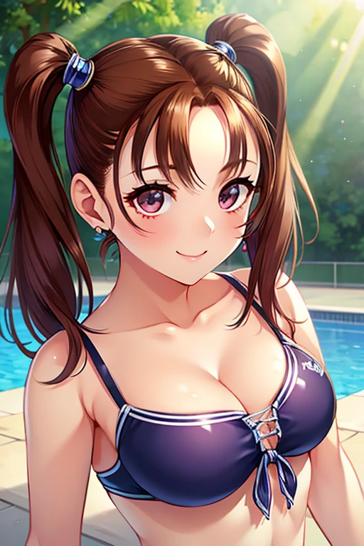 Jessica,  shiny maroon hair,  twin tails, ( beautiful brown eyes、 center split)、smile、 super detailed eyes、 very detailed face ,  highly detailed eyes ,full shot,、(Alone,  One Girl )、 ,Master Piece,  top quality ,  high res, masterpiece , 

(masterpiece,  top quality :1.2),  1 girl, smile,  watching viewers,  school swimsuit、 school yard、Midsummer Pool、lens flare
