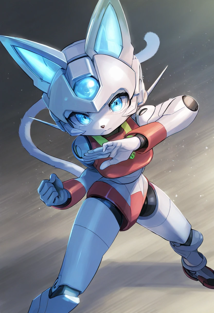 1girl, (furry, kemono:1.3), cat girl, animal nose, catears, cat tail, robot joints, blue eyes, fighting stance, standing, looking at viewer, robot, android, solo, joints, humanoid robot, robot girl,