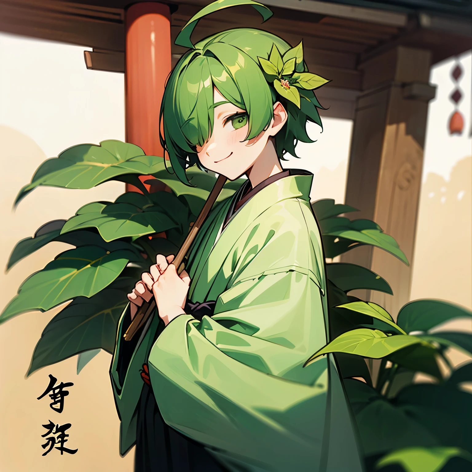 (boy), Dryad, green ivy hair, green eyes, short cut, side part, ahoge, hair over one eye, thin eyebrows, smiling, young, alone, short, Shota, hakama, japanese clothes, japanese coat, plant hair accessory, Solo, shrine, New Year
