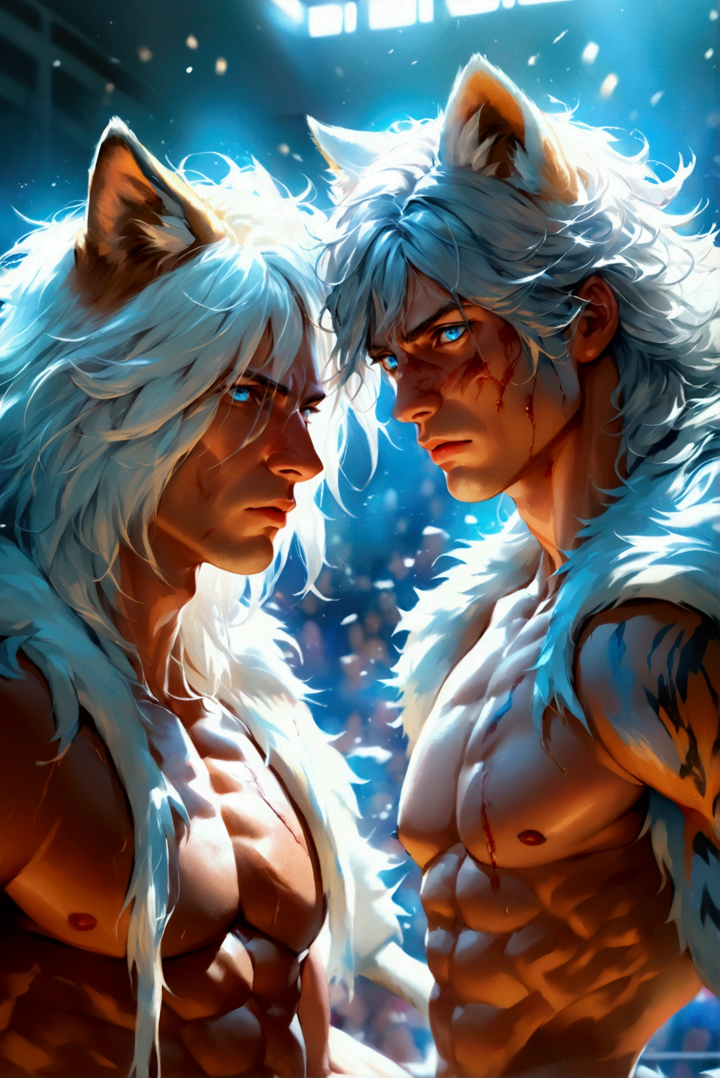 Concept Art, "1 Couple, Handsome Boy", an ultra-detailed and stunningly beautiful CG illustration depicting a sultry green man-wolf with purple hair, sharp green eyes, standing tall in shorts. Gorgeous green fur and yellow dotted on the belly, tail and fur, this animal-like beauty exudes sensuality in every pose, breathtaking rendering, within radiant connections, multiplayer interaction, magical elements, gorgeous, casting colorful spells, bright flashes,